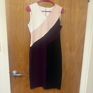 Calvin Klein White and Cream Sleeveless Sheath Midi Dress